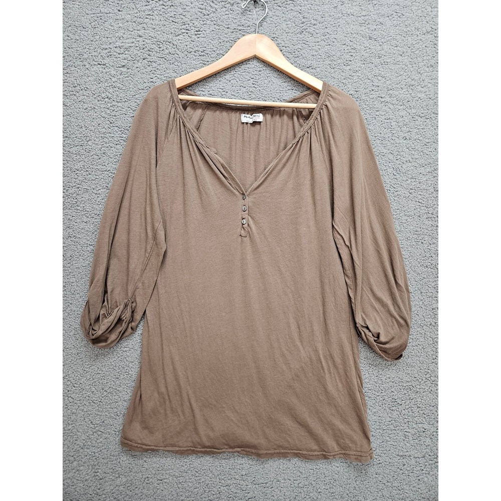 Michael Stars Henley Top OS Brown Supima Cotton 3/4 Sleeve V-Neck Boho Relaxed